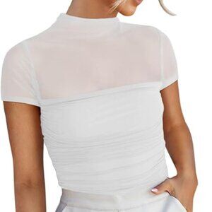 NEW White Sheer Mesh Bodysuit Mock Neck Short Sleeve Ruched Top XS
